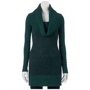 Candie's Cowlneck Tunic Sweaterdress, women’s size XS, Green and black.